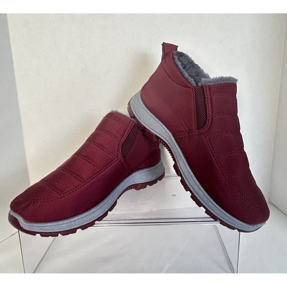 Women’s Waterproof Burgundy Plush Fur Lined Ankle Boots Outdoor Shoes EU Size 42